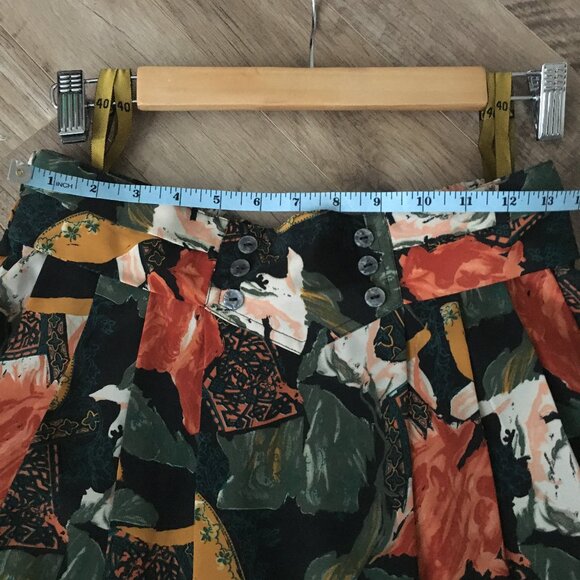 Vintage 80s Union Made Orange and Green Abstract Button Waist Pleated Midi Skirt - Picture 9 of 14